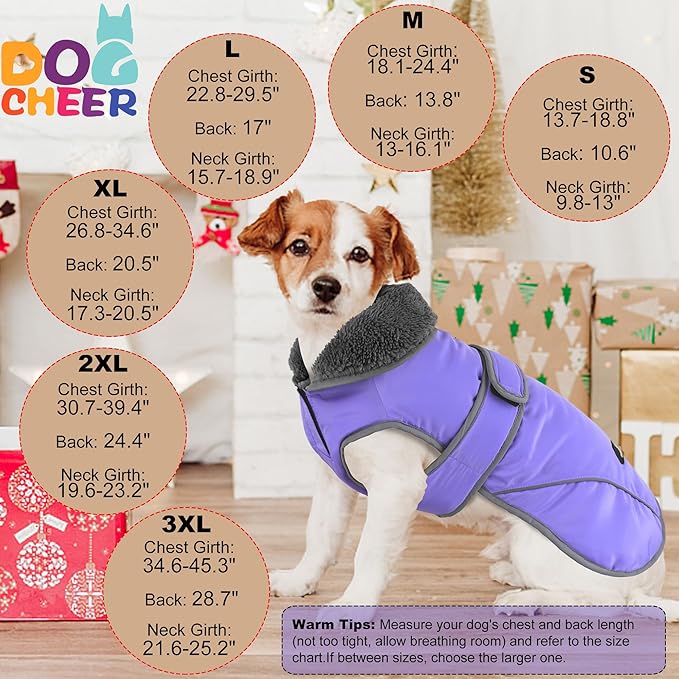 Dogcheer Dog Coat, Waterproof Dog Jacket Reflective Pet Winter Coat with Adjustable Hook & Loop, Christmas Puppy Fleece Jacket Warm Turtleneck Snowsuit for Small Medium Large Dogs - Taro Purple, M