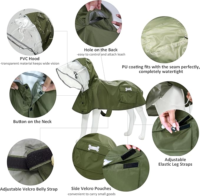 Waterproof Dog Raincoat, Adjustable Reflective Lightweight Pet Rain Clothes with Poncho Hood (Army Green, Large)