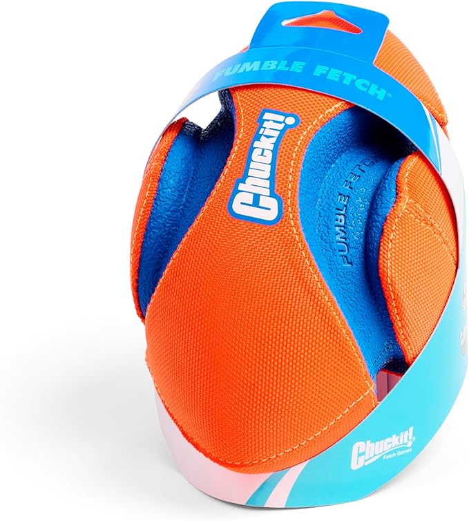 Chuckit! Fumble Fetch Dog Football - Outdoor and Indoor Interactive Dog Toy with Grooved Design for Easy Pickup - Made from Durable Rubber - Floats in Water - Small - Orange and Blue