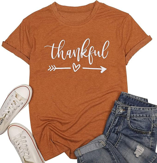 NIUBIA Women's T Shirts Summer Tops Simple Heart Graphic Shirts Sayings Short Sleeve Vacation Casual Blouse Thankful Tee
