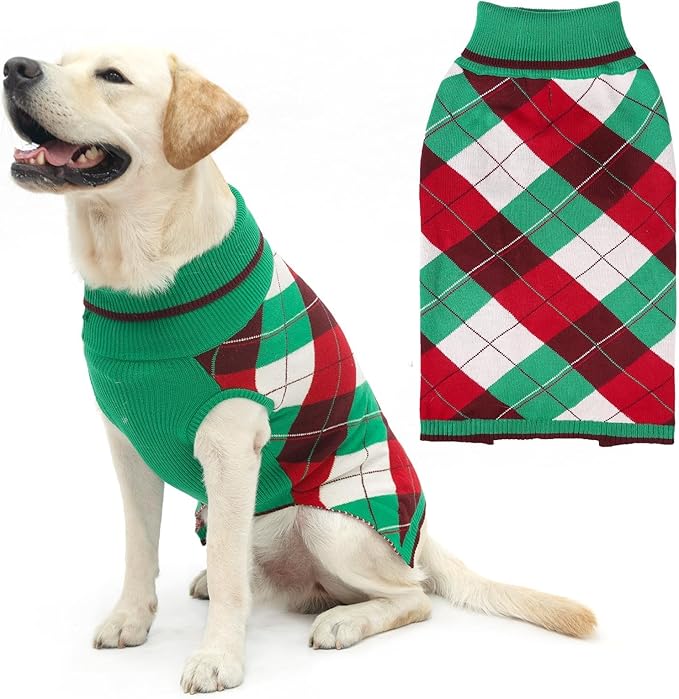 KOOLTAIL Dog Christmas Sweater Pet Knitted Clothes - Classic Plaid Pull Over Turtleneck Dog Sweaters with Leash Hole Warm Dogs Winter Clothing for Small Medium Dogs Cats Puppy (Green & Red M)