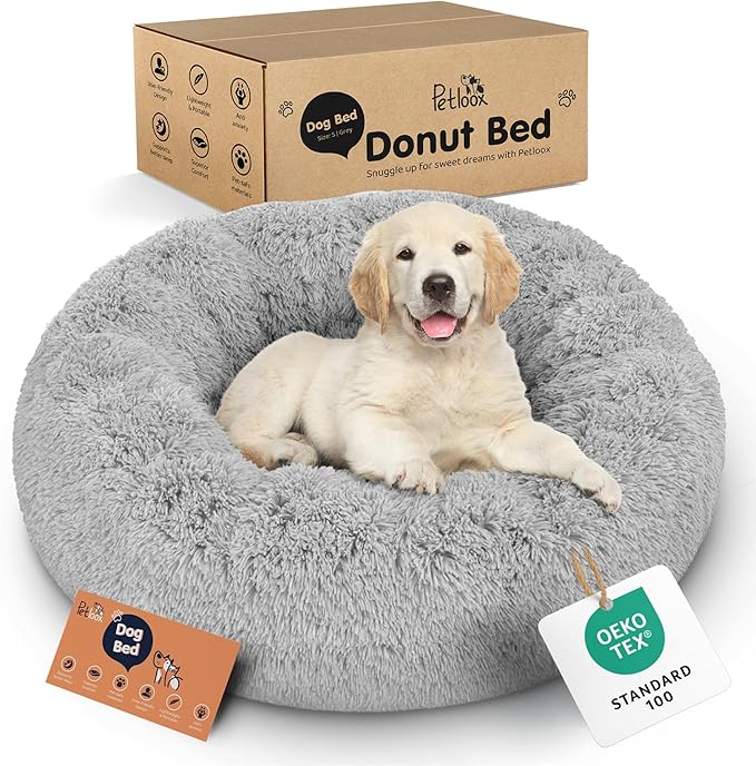 Donut Dog Bed - Premium Comfort for Anxiety Relief - Fluffy & Calming Design with Ultra-Plush Support | Cozy Round Dog Bed with Super Soft Circle Style (Size S Grey)