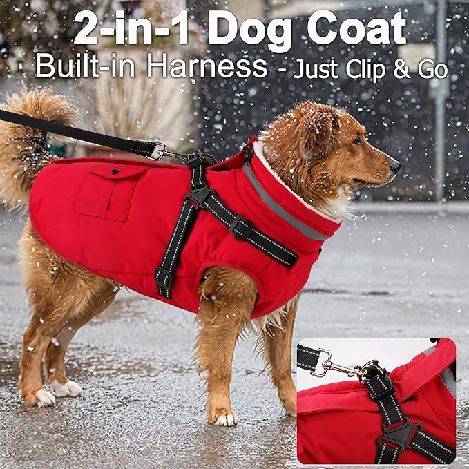 Dogcheer Dog Coat with Harness, Waterproof Warm Dog Winter Jacket with Pockets, Reflective Pet Fleece Jacket Turtleneck Snowsuit for Small Medium Large Dogs - Red, L