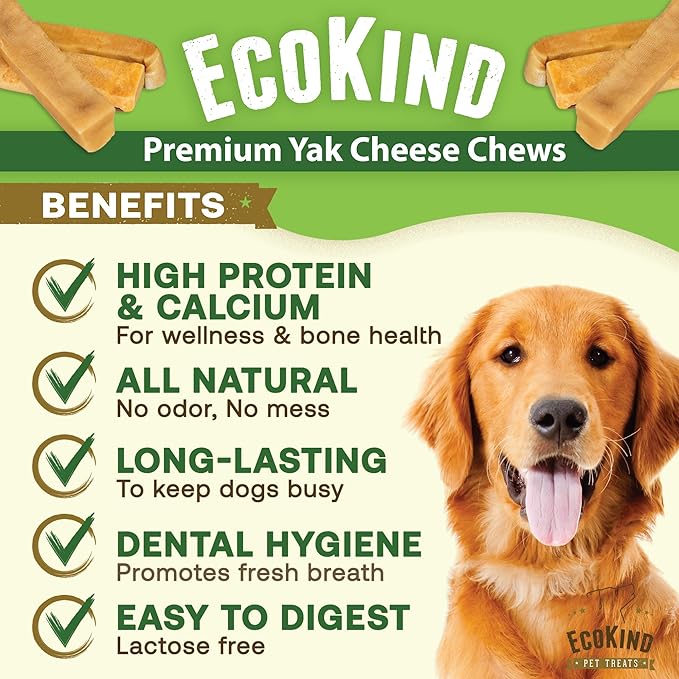 EcoKind Premium Gold Yak Cheese Himalayan Dog Chews, Dog Treats Large Breed, All Natural, High Protein Dog Chew, Cheese, Large - 3 Chews
