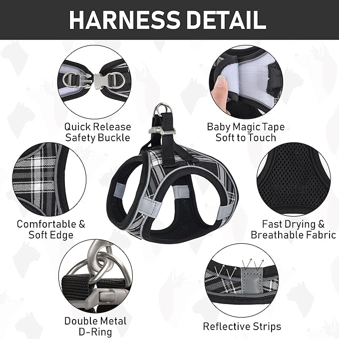 GAMUDA Small Dog Harness Collar and Leash Set, Step in No Chock No Pull Soft Mesh Adjustable Dog Vest Harnesses Plaid Reflective for Dogs Puppy Cats Kitten Rabbit (Black, XXXS)