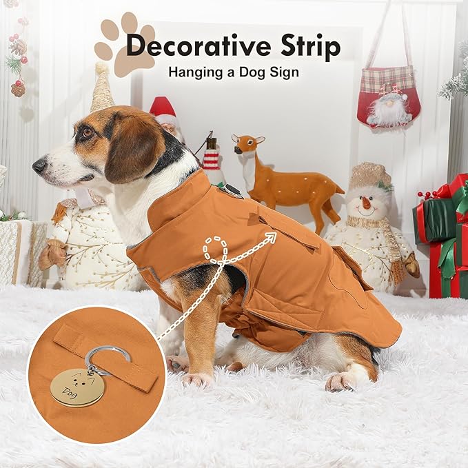 Workwear Style Dog Coats with Harness Built in for Small Dogs Windproof Warm Puppy Jacket with Storage Pockets for Cold Winter,BrightBeige XXXL