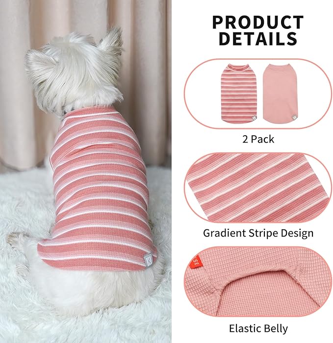 KYEESE 2Pack Waffle Dog Shirts for Small Dogs Stretchy T-Shirts Lightweight Tank Top Sleeveless Striped Vest Breathable Cat Tee, Small, Pink+Striped