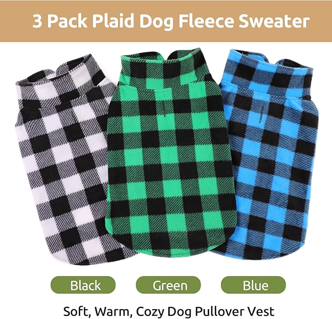 KAMA BRIDAL 3 Pack Spring Autumn Winter Coat Pullover Fleece Vest for Cats Small and Medium Dogs - Thin Sweater Blue Green Black Plaid (L)