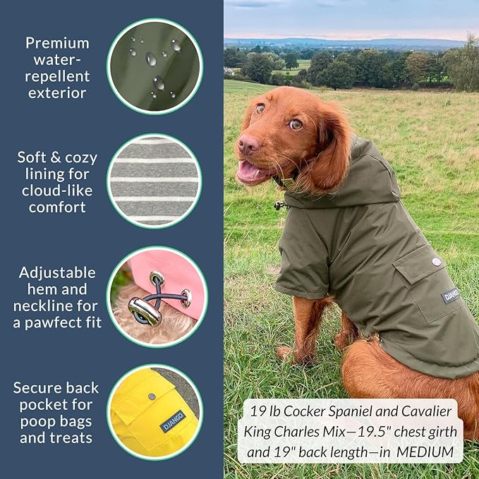 DJANGO Highland Dog Jacket & Raincoat – Water-Repellent, Lined Dog Coat with Hood, Adjustable Fit & Harness Hole – Lightweight Rain & Wind Jacket for Small & Medium Dogs up to 30 lbs (Olive, Large)