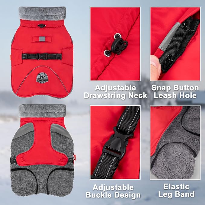 KYEESE Waterproof Dog Coat, Windproof Pet Jacket with Thick Fleece Lining, Extra Warm High Collar Dog Coats for Medium to Large Dogs with Leash Hole and Reflective Strips, Red, XX-Large