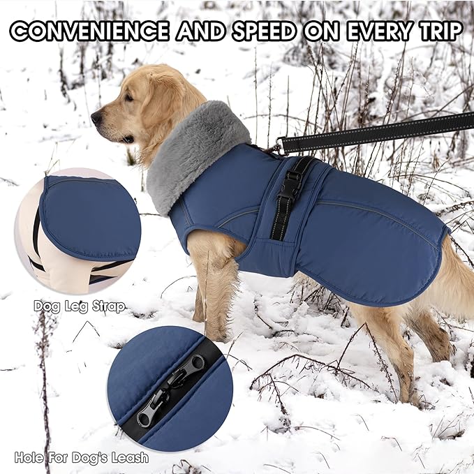 PETDSH Dog Coat Large, Windproof Dog Jacket with Warm Fleece Lining, Thickened Collar Dogs Winter Coat, Adjustable Reflective Pet Coats for Cold Weather (Navy Blue, X-Large)