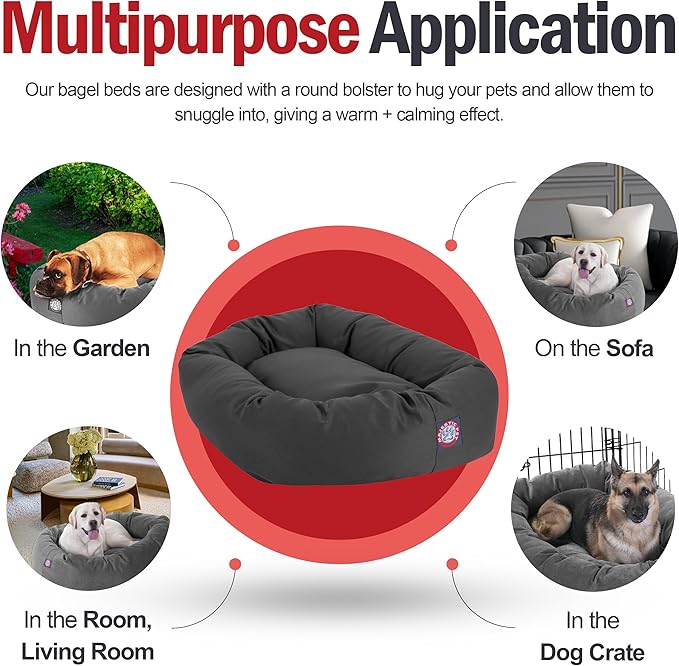 Majestic Pet 32 Inch Bagel Calming Dog Bed - Washable, Cozy Soft Round With Spine Support - Fluffy Donut 32x23x7 Inch for Medium Dogs to Rest Their Head - Gray