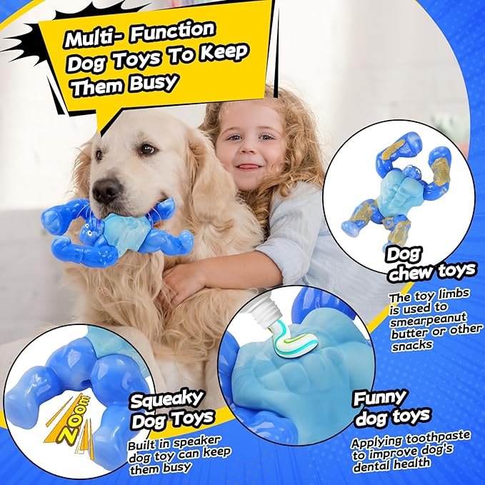 Dog Toys for Aggressive Chewers, Indestructible Chew Toys for Medium Large Breeds(20-80lb), Durable Squeaky Tough Dog Toy to Keep Them Busy (Bacon Flavor, Blue)