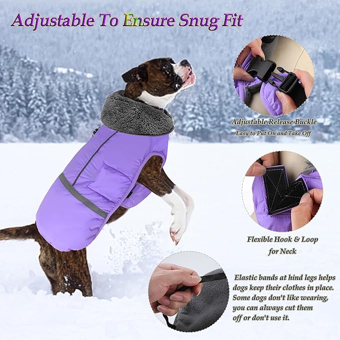 Dogcheer Warm Dog Coat, Waterproof Dog Jacket Christmas Puppy Winter Coat with Buckle, Reflective Adjustable Pet Snow Jacket Fleece Sweater for Small Medium Large Dogs - Taro Purple XL