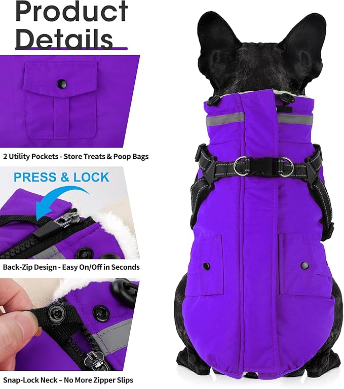 Dogcheer Dog Coat with Harness, Waterproof Warm Dog Winter Jacket with Pockets, Reflective Pet Fleece Jacket Turtleneck Snowsuit for Small Medium Large Dogs - Purple, 3XL