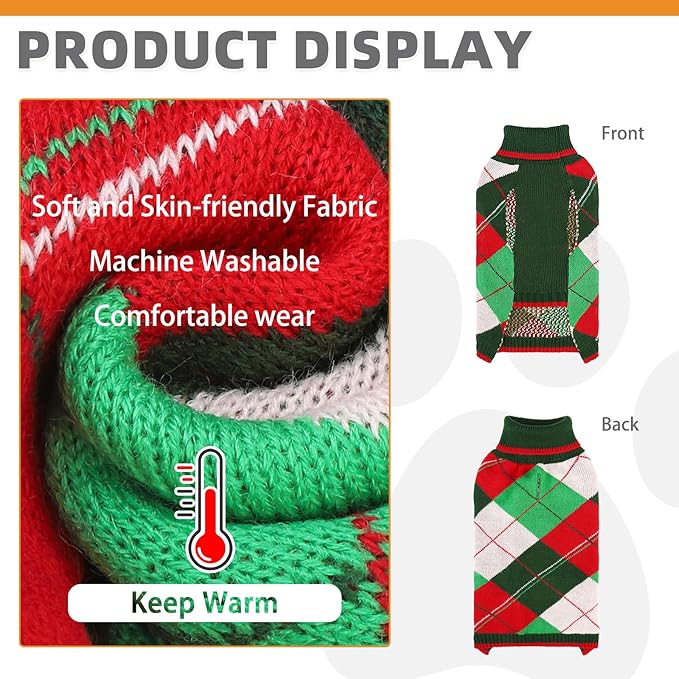 KOOLTAIL Dog Christmas Sweater Pet Knitted Clothes - Classic Plaid Pull Over Turtleneck Dog Sweaters with Leash Hole Warm Dogs Winter Clothing for Small Medium Dogs Cats Puppy Boy Girl Red & Green SM