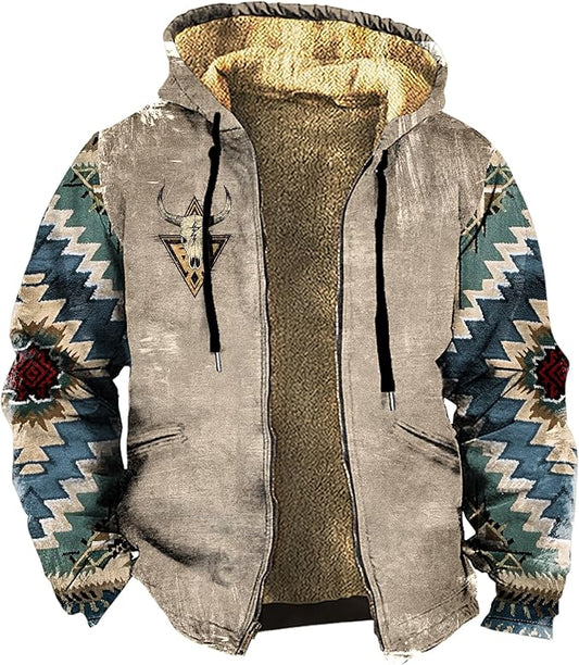 Men's Zip Up Jackets Western Style Ethnic Hoodie Hooded Vintage Long Sleeve Warm Coat Winter Outfits