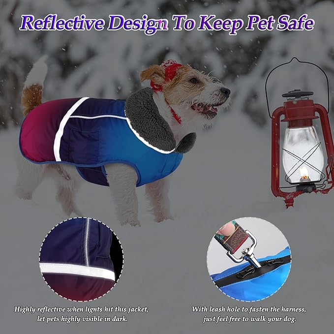 Dogcheer Warm Dog Coat, Waterproof Dog Winter Jacket Christmas Puppy Cold Weather Coats with Buckle, Reflective Adjustable Pet Snow Jacket for Small Medium Large Dogs - Gradient Blue-red, M