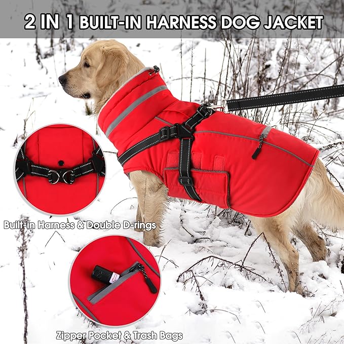 PETDSH Dog Coat Medium, Built-in Harness Dog Jacket with Warm Fleece Lining, Waterproof Reflective Dogs Winter Coat, Pet Coats with Pocket and Trash Bags (Red, Medium)