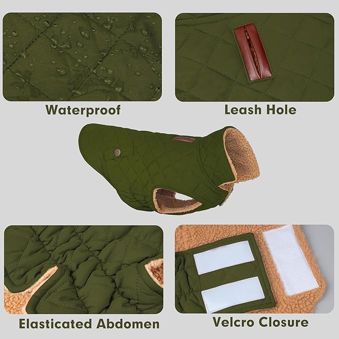 azuza Dog Jacket for Medium Dogs Waterproof & Windproof Dog Coat for Small Dogs with Thick Fleece, High Collar with Leash Hole, Adjustable Velcro & Elastic Belly, Army Green 2XL