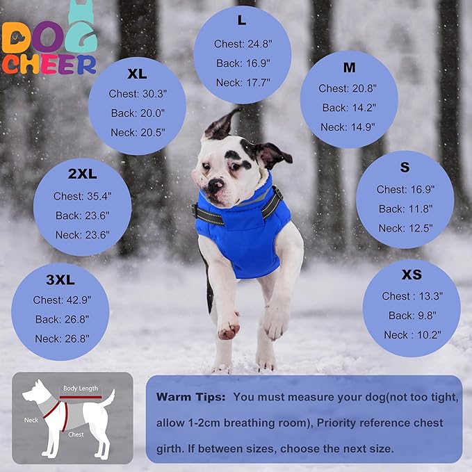 Dogcheer Dog Coat with Harness, Waterproof Warm Dog Winter Jacket with Pockets, Reflective Pet Fleece Jacket Turtleneck Snowsuit for Small Medium Large Dogs - Blue, 3XL