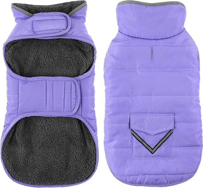 Dog Coat, Waterproof Dog Winter Jacket with Pocket, Reflective Adjustable Pet Snow Vest, Warm Cozy Fleece Sweater for Small Medium Extra Large Dogs - Light Purple, XL