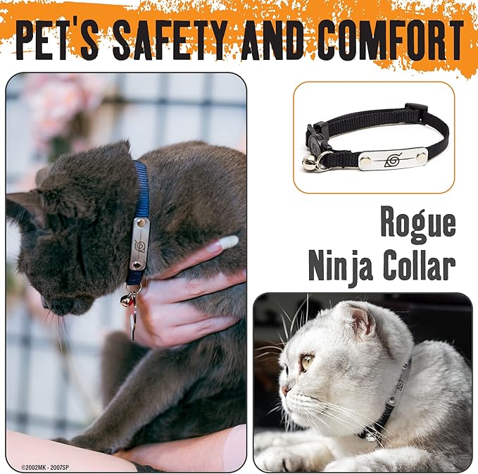 Naruto Breakaway Cat Collars for Girl & Boy Cats | Officially Licensed Naruto Shippuden Hidden Leaf Village Pet Accessories & Gifts, (8.5” to12”) Adjustable Cute Kitten Collar with Bell (Black, Rogue)