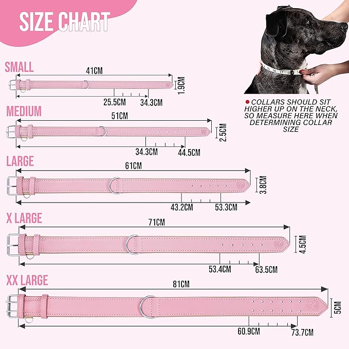 Riparo Genuine Leather Pink Dog Collar Heavy Duty K-9 Adjustable Dog Collar (M: 1” Wide for 13.5”-17.5” Neck, Pink)