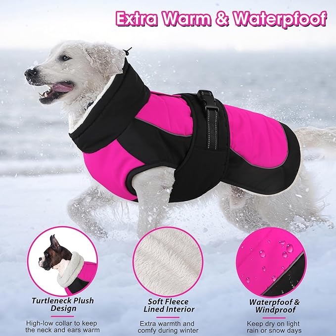 Dogcheer Waterproof Dog Coat, Christmas Dog Winter Jacket, Adjustable Puppy Fleece Coat for Cold Weather, Reflective Turtleneck Snow Jacket for Small Medium Large Dogs - Pink, M