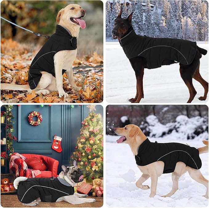 HEYWEAN Dog Winter Coat - Waterproof Windproof Reflective Vest for Medium & Large Breeds Adjustable Warm FleeceLined Jacket with Magic Tape & D-Ring for Leash Cold Weather Apparel (Black, Small)