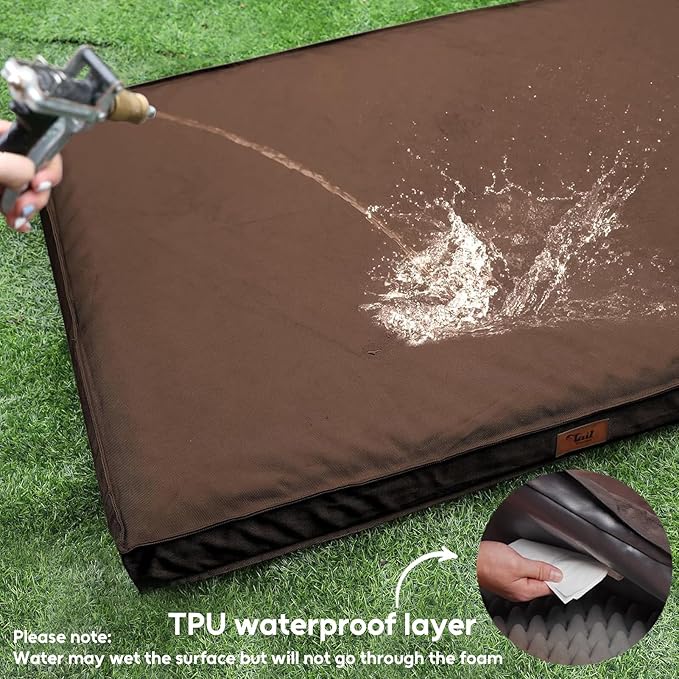 Outdoor All Weather Waterproof Dog Bed, Orthopedic Dog Bed for Extra Large Dogs, Egg Crate Foam Crate Pad with Washable Removable Oxford Cooling Cover, 47x29 Inch, Brown