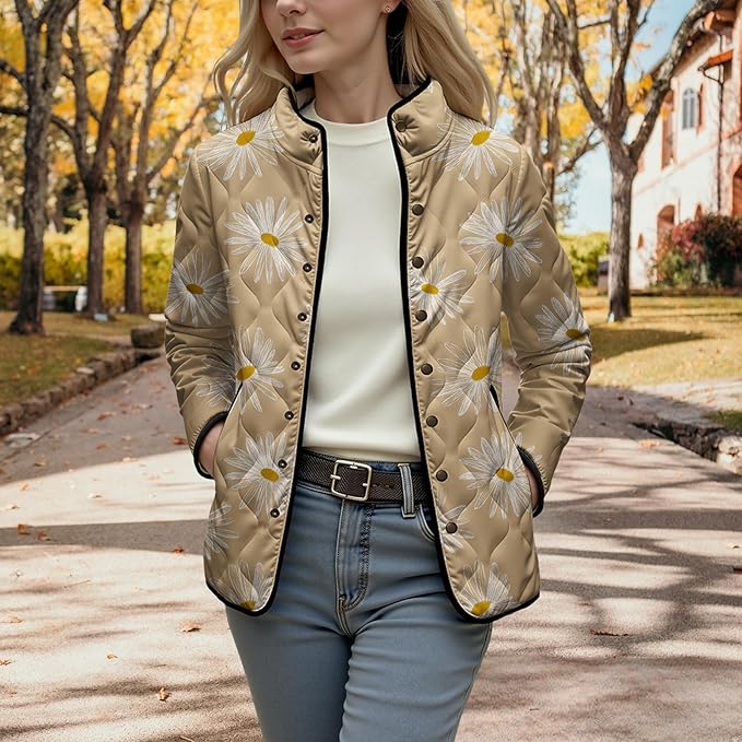 LIZALIG Women's Cropped Puffer Jacket Lightweight Floral Print Long Sleeve Padded Quilted Puffy Cardigan Coat