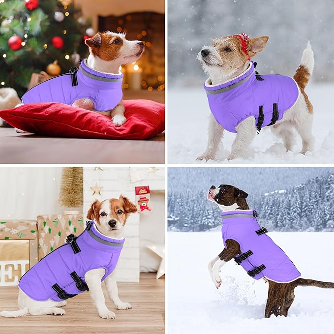 Dogcheer Dog Coat with Harness, Waterproof Dog Jacket Adjustable Winter Coat with Zipper, Christmas Puppy Snow Jacket Fleece Sweater for Small Medium Large Dogs - Taro Purple M