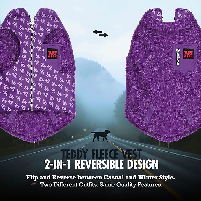 Tuff Pupper Reversible Fleece Sweater Vest for Dogs | Lightweight Comfortable Insulated Jacket | Front Zip Closure | Machine Washable | Built-in Leash Hole | Sizes for All Breeds (XL, Purple)