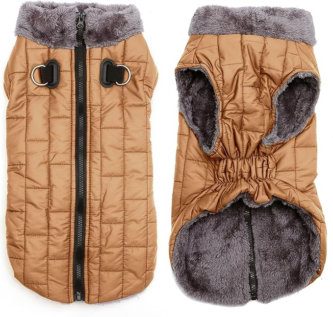 Warm Fleece Dog Coats with Durable Harness Buitl in D-Ring,Waterproof Puppy Jacket for Small Dogs,Dog Vest for Cold Winter,Burnished Khaki XS