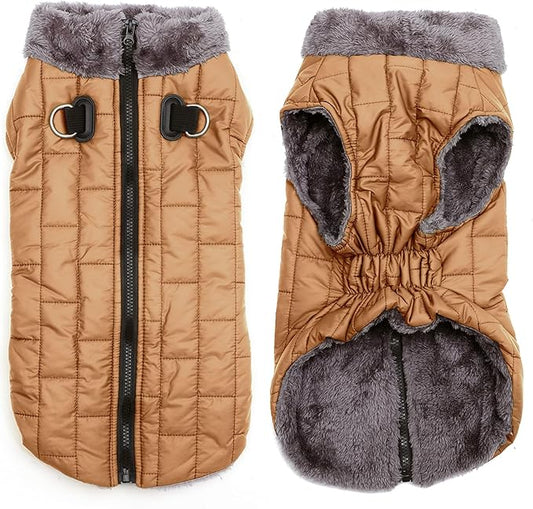 Warm Fleece Dog Coats with Durable Harness Buitl in D-Ring,Waterproof Puppy Jacket for Small Dogs,Dog Vest for Cold Winter,Burnished Khaki S