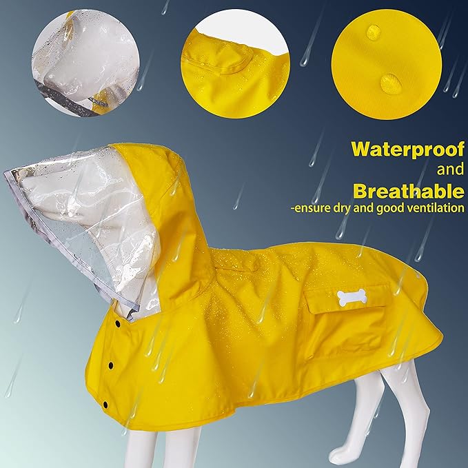 Waterproof Dog Raincoat, Adjustable Reflective Lightweight Pet Rain Clothes with Poncho Hood (Large, Yellow)
