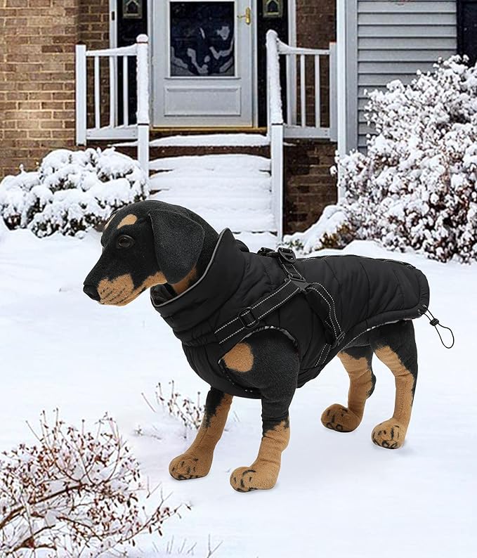 Geyecete Warm Waterproof Winter Dog Coat With Harness Traction Belt - Pet Outdoor Jacket for Autumn and Winter - Medium, Small Dogs - Black-M