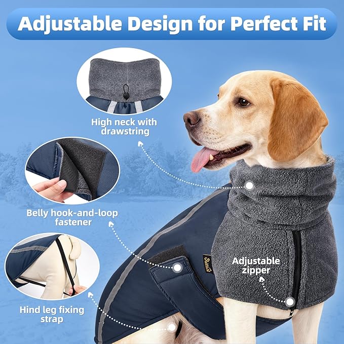 SlowTon Winter Dog Coat, Warm Polar Fleece Lining Doggie Outdoor Jacket with Turtleneck Scarf Reflective Stripe Adjustable Waterproof Windproof Puppy Vest Soft Pet Outfits (XL,Dark Blue)