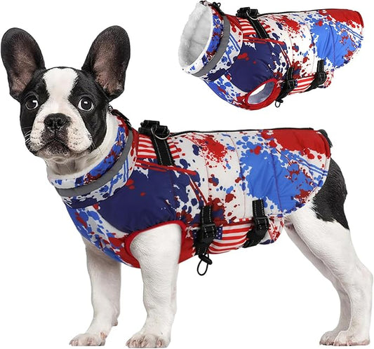 Medium Dog Coat with Harness Built-in, Waterproof Reflective Fleece Lined - Warm Windproof Winter Jacket with Back Zipper, Cold Weather Snow Dog Coats - American Flag - M