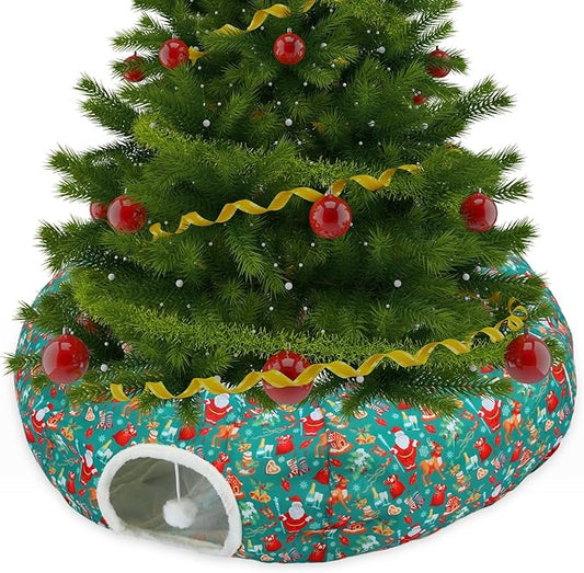 Christmas Cat Tunnel Bed for Indoor Cats Under Christmas Tree Skirt Tube with Hanging Ball Plush Cat Cave, Washable Holiday Pet Gift Toy & Gift for Kittens(Santa)