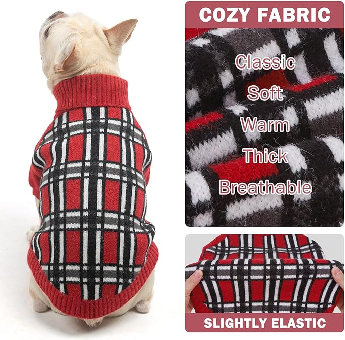 SCENEREAL Turtleneck Dog Sweater for Small Medium Large Dogs Girls Boys, Christmas Plaid Pullover Puppy Sweatershirt, Dogs Cold Weather Outfit Clothes, Ideal Gift for Pet in New Year, Red Plaid ML