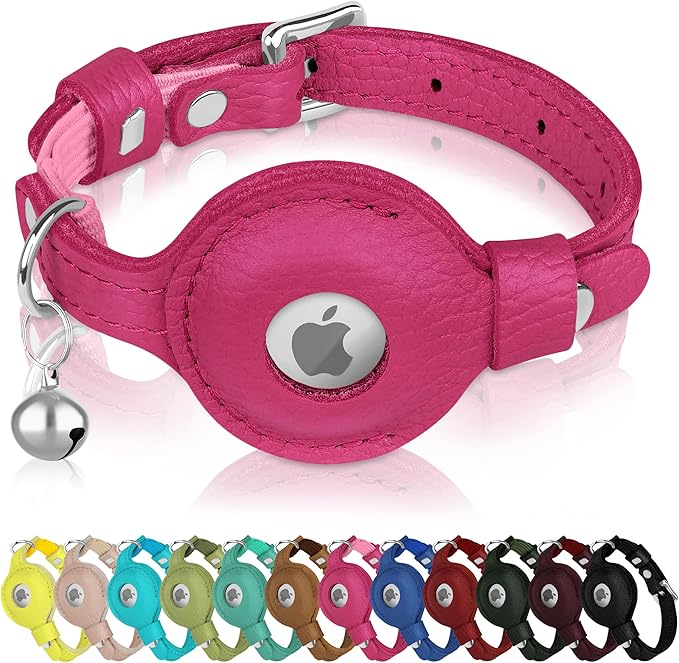 OOPSDOGGY Cat Collar for AirTag Holder, Leather Kitten Collars with Elastic Strap & Bell, Non Breakaway Adjustable Small Pet Collars for Indoor & Outdoor for Boy, Girl (Pink)