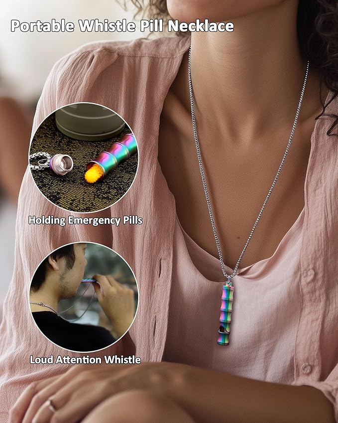Titanium Pill Holder Necklace for Men Women Emergency Whistle Mini Keychain Nitro Pill Case with Loud Whistles EDC Safety Backpacking Survival Hiking Camping Pets Training