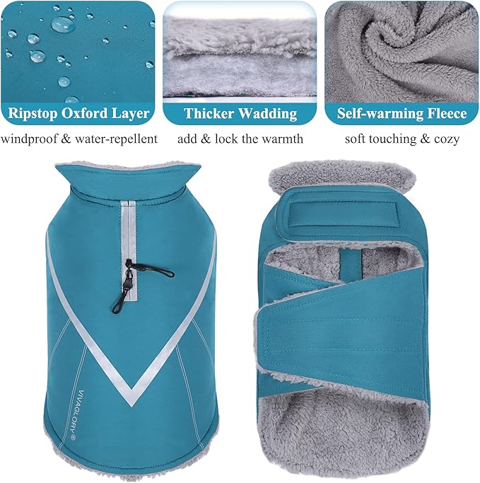 VIVAGLORY Snowrap Dog Coat, Jacket with Harness Hole & Velcro Closure, Dog Coat for Winter & Cold Weather, Fluffy Warm Fleece Lined Reflective Water Resistant for Puppy, L, Turquoise