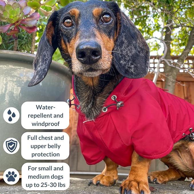 DJANGO Highland Dog Jacket & Raincoat – Water-Repellent, Lined Dog Coat with Hood, Adjustable Fit & Harness Hole – Lightweight Rain & Wind Jacket for Small & Medium Dogs up to 30 lbs (Red, Medium)