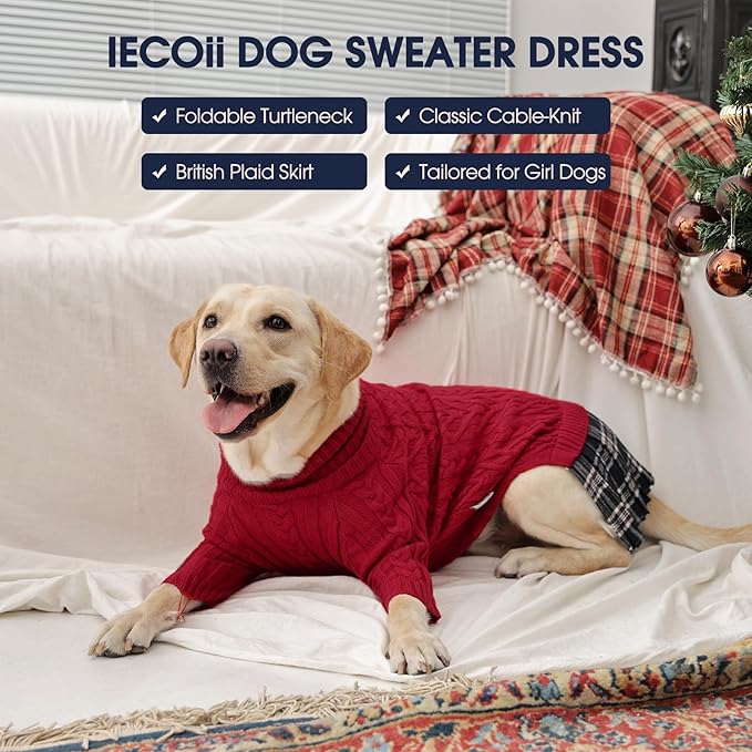 IECOii Girl Dog Sweater Dress - Cable Knit Dog Sweater for Small Dogs Girl - Red,Medium, Turtleneck Pullover Sweaters with Tartan Plaid Skirt, Adorable Warm Dog Knitted Dress for Christmas