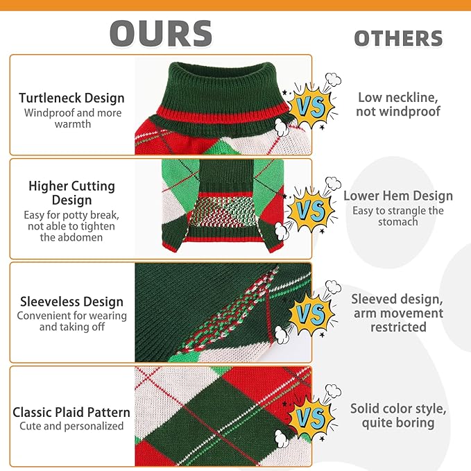 KOOLTAIL Dog Christmas Sweater Pet Knitted Clothes - Classic Plaid Pull Over Turtleneck Dog Sweaters with Leash Hole Warm Dogs Winter Clothing for Small Medium Dogs Cats Puppy Boy Girl Red & Green XS
