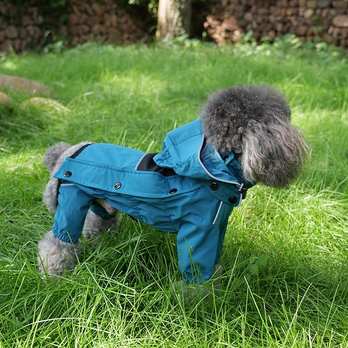 LOVELONGLONG Waterproof Dog Raincoat with Removable Hood – Outdoor Full Body Dog Jacket, Windproof Snowproof Shell Suit – All Season Pet Rain Gear Ocean Teal XXL