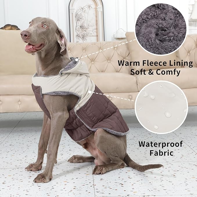 Detachable Hooded Dog Coat with Harness for Large Dogs,Super Warm Fleece Puppy Jacket for Cold Winter Doggie Coats,Brown XXXL